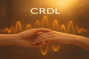 Deux mains se rejoignent avec des ondes lumineuses dorées, illustrant la connexion humaine et émotionnelle créée par le CRDL, un instrument favorisant la communication sensorielle et le lien par le toucher et le son.