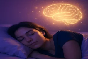 Une femme dort paisiblement pendant que son cerveau, représenté en lumière dorée, symbolise la régulation naturelle favorisée par le Neurofeedback Thérapeutique Cygnet pour améliorer le sommeil et l’équilibre émotionnel.