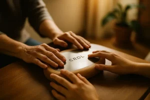 Des mains se touchent en douceur à travers le CRDL, illustrant la communication par le son et le toucher. Cette image symbolise la connexion, la détente et l’éveil sensoriel vécus lors des séances au cabinet NeuroCrdl – Esprit Harmonia à Belin-Béliet.