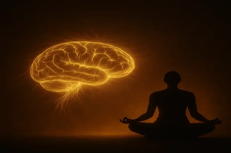 Silhouette d’une personne en méditation face à un cerveau lumineux, illustrant l’équilibre et la clarté retrouvés grâce au Neurofeedback Thérapeutique Cygnet, méthode enseignée par Neuroptimum pour l’autorégulation cérébrale.